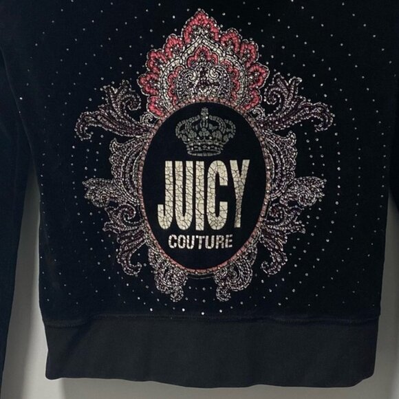 Juicy Couture Black Velour Hoodie Size M — Logo Back with Crown & Crest - Picture 6 of 9